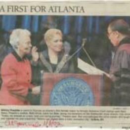 "A First for Atlanta" article on Shirley Franklin becoming Atlanta's first female mayor.