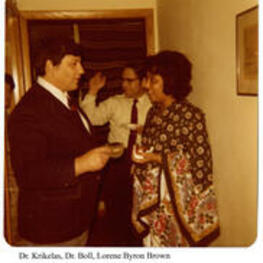 View of Dr. Krikelas, Dr. Boll, and Lorene Byron Brown at a graduation party. Written on recto: Dr. Krikelas, Dr. Boll, and Lorene Byron Brown