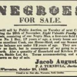A notice by Jacob August Jr. advertising a public auction of slaves with auctioneer P.J. Turnbull to be held on November 29, 1859.