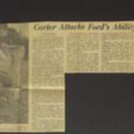 Newspaper article regarding Jimmy Carter's criticism of President Ford for being "timid, fearful and afraid to lead". He accused Ford of neglecting to mention his leadership record as President and of failing to address important issues such as trust, embarrassment, and shame. Carter also criticized the government's handling of the Medicaid program, which he said lost $4 billion a year through fraud, deficient patient care, maladministration, and the issuance of benefits to ineligible persons. 1 page.