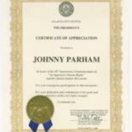 A certificate of appreciation was presented to Johnny Parham on March 31st, 2000, by the Atlanta City Council. The certificate was rewarded to Johnny Parham in honor of the 40th Anniversary Commemoration of "An Appeal for Human Rights" and the Atlanta Student Movement. 1 page.
