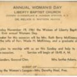 Postcard announcing the Annual Woman's Day at Liberty Baptist Church.