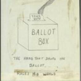 Sketch of a Southeast Arkansas Voter Registration Project flyer from Crosett, AR, depicting a hand dropping a ballot in a voting box, encouraging voters to vote for their issues and causes. 1 page.
