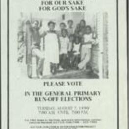 Flyer depicting children on a porch asking people to vote in the general primary run off elections. 1 page.
