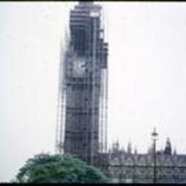 Big Ben clock tower covered with scaffolding.