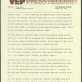 Press release on a rally planned by a coalition consisting of the VEP, NAACP, SCLC, and GABEO in support of the reauthorization of the Voting Rights Act, which will feature prominent civil rights activists and political figures, including Congressman Walter Fauntroy, and highlights the importance of minority political participation in the political process. 2 pages.