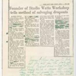 A copy of a newspaper clipping and accompanying note describing the Studio Watts Workshop. 1 page.