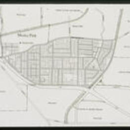 A map of Mozley Park. Text from slide presentation: Mozley Park, which lies west of the Atlanta University Center, represents yet another aspect of the city's history. The subdivision is triangular shaped and was originally bounded by Martin Luther King Drive (then called Hunter) on the north, Gordon Road on the south and by the Southern Railroad line on the east.
