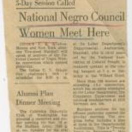 "5-Day Session Called National Negro Council Women Meet Here" article on India's V. K. Krishnamenon and Thurgood Marshall speaking at sessions of the National Council of Negro Women convention. 1 page.