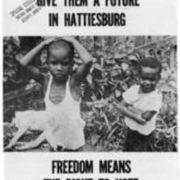 Brochure promoting voter registration in Hattiesburg, Mississippi, calling for a courthouse protest for voting rights.