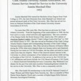 Clark Atlanta University Alumni Association Service Award detailing the accomplishments of Juanita Eber.
