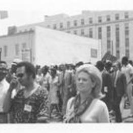 View of the front line of the March Against Repression featuring George McGovern, Juanita Abernathy, and Ralph Abernathy. Written on accompanying document: Front line of March, Mayor Sam Massell-Sen. McGovern, Mrs. Abernathy and Husband.