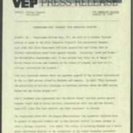 Press release from the Voter Education Project discussing Congressman William Gray's shock and dismay at the U.S. military intervention in Grenada. He said that he was assured by the State Department officials that no military intervention would occur, and that he was concerned about the potential for military confrontation with Cuba and the Soviet Union. Gray also criticized the Reagan administration for isolating Grenada, which he said contributed to the instability of the former Grenadian government. 2 pages.