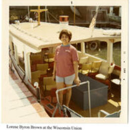 View of Lorene Byron Brown at the Wisconsin Union. Written on recto: Lorene Byron Brown at the Wisconsin Union.