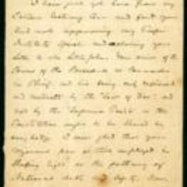 A letter written by Federick Douglass to an unidentified individual lauding the person for sharing his views on the powers of the U.S. President and reflecting on his own lecturing experiences. 2 pages.