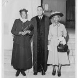 Anna E. Hall standing with unidentified minister and woman (possibly Warner).