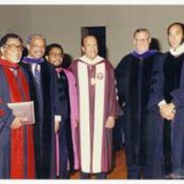 Written on the verso: Commencement Exercises Morehouse College May 18, 1986 L to R: Dr. Joseph E. Lowery, Judge Damon Keith, Dr. Wildon Jackson, Dr. Hugh Gloster, Dr. John Carter, Dr. Earl Graves.