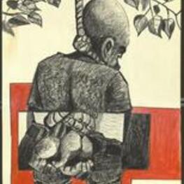 A drawing depicting an African American man with his hands tied hanging from a tree.