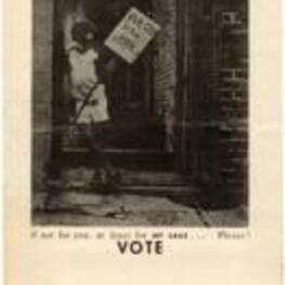 A child stands on a sidewalk and holds a sign urging viewers to vote.