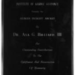 A plaque awarded to Asa Hilliard on behalf of the Institute of Karmic Guidance.