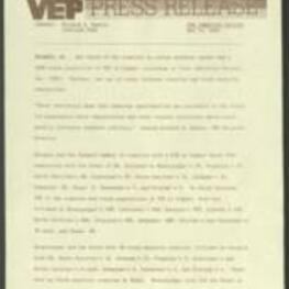 Press release from the Voter Education Project regarding results from a study conducted by VEP's Research Department, which found that one third of the counties in eleven southern states had a 1980 Black population of 27% or higher, according to Voter Education Project, Inc. (VEP). Further, one out of every thirteen counties had Black majority populations. This data showed that there were numerous opportunities for voter registration and voter turnout activities in the South, which could greatly influence southern politics 2 pages.
