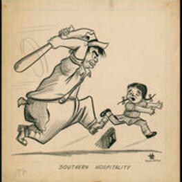 A man chases a young African American schoolgirl with a bat. Written on recto: "Southern Hospitality".