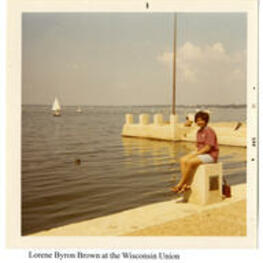View of Lorene Byron Brown at the Wisconsin Union. Written on recto: Lorene Byron Brown at the Wisconsin Union.