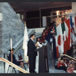 View of Mayor Jackson giving a speech at a Sarajevo Olympic Relief Ceremony.