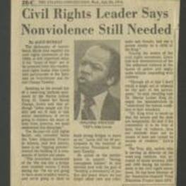 Newspaper article describing John R. Lewis's statements at the Institute on Nonviolence and Social Change, where he argued that the philosophy of nonviolence was still important years after the civil rights movement's end. He said that nonviolence was an "ongoing process" towards the building of a community of justice and peace, and that the nonviolent movement of the 1960s was merely a bridge over troubled waters. 1 page