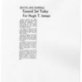 Photocopy of a newspaper clipping announcing the funeral service for Hugh Inman.