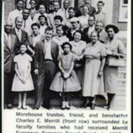 Charles E. Merrill stand with a group on the steps of a building. Written on recto: Morehouse trustee, friend, and benefactor Charles E. Merrill (front row) surrounded by faculty families who had received Merrill European Summer Travel Grants in 1958.