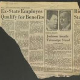 Newspaper article describing Mayor Maynard Jackson of Atlanta criticism of U.S. Sen. Herman Talmadge for opposing the extension of the Voting Rights Act of 1965. Jackson stated that the act was still needed to protect the right to vote for black people in Georgia. Jackson said that Talmadge was "ignorant" of the facts when he claimed that Black people enjoyed universal voter registration rights. He pointed to the fact that there were continuing violations of the Voting Rights Act in Georgia. 1 page.