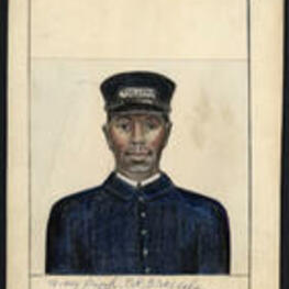 Color pencil drawing of a Pullman Porter by Hale Woodruff. Written on recto: To my friend B. R. Brazeal with my appreciation, Hale Woodruff 10-17-79.