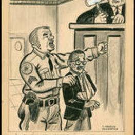 A police officer talks to a judge in a courtroom, while retaining a battered African American man by the shoulder. Written on recto: "He Talked 'Uppity', Your Honor, So Ah Jest Grabbed Mah Club, and Set About Defendin' Myself".