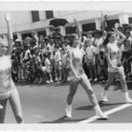 Majorettes perform during WSB's Fourth of July Parade. Written on accompanying document: Parade continued.
