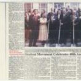 An article written by D.L. Stanley in the Atlanta Inquirer on April 22, 2000, featuring photos from the 40th anniversary of the Atlanta Student Movement celebration. It states about Lonnie King, president of the National Alumni Association of Morehouse College and Chairman of the Atlanta Student Movement, spoke at the 40th Anniversary Commemoration of "An Appeal for Human Rights" and reminded attendees that there is still work to be done to combat oppression and underrepresentation. He also urged younger generations to continue the legacy of the movement. The celebration, which included workshops and tributes, was attended by a small number of students. 1 page.