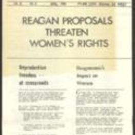 Georgia Women's Political Caucus Women's Political Reporter newsletter with articles such as "Reagan Proposals Threaten Women's Rights" and "Reaganomics Impact on Women". 8 pages.
