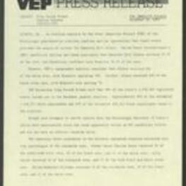 Press release from the Voter Education Project regarding analysis of the Mississippi gubernatorial election, which confirmed that Black voters provided the margin of victory for Democrat Bill Allain. Allain received 46% of the white vote, but 84% of the Black vote. Voter turnout was 48%, with 49% of white registrants and 47% of Black registrants voting. The remaining three candidates in the election received only tiny percentages of the vote. 2 pages.