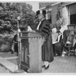 Mary McLeod Bethune speaks at the 1943 Morehouse commencement. Written on verso: Mrs. Mary McLeod Bethune Commencement speaker, Atlanta University, May 31, 1943