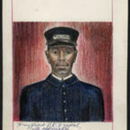 Color pencil drawing of a Pullman Porter by Hale Woodruff. Written on recto: To my friend B. R. Brazeal with appreciation, Hale Woodruff 10-17-79.