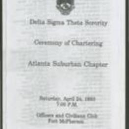 Program for the Delta Sigma Theta Ceremony of Chartering which includes a member list and schedule of events.