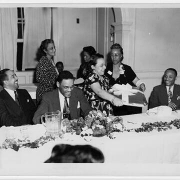Library Confrence Banquet Langston Hughes, Rufus Clement, Virginia Lacy Jones, and Daisy Grey Jones, 1947