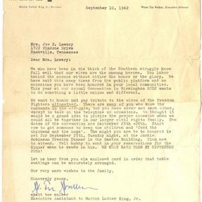 Correspondence from Wyatt Tee Walker to Evelyn G. Lowery, September 10, 1962