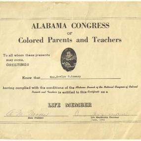 Alabama Congress of Colored Parents and Teachers Life Member Certificate, June 1961