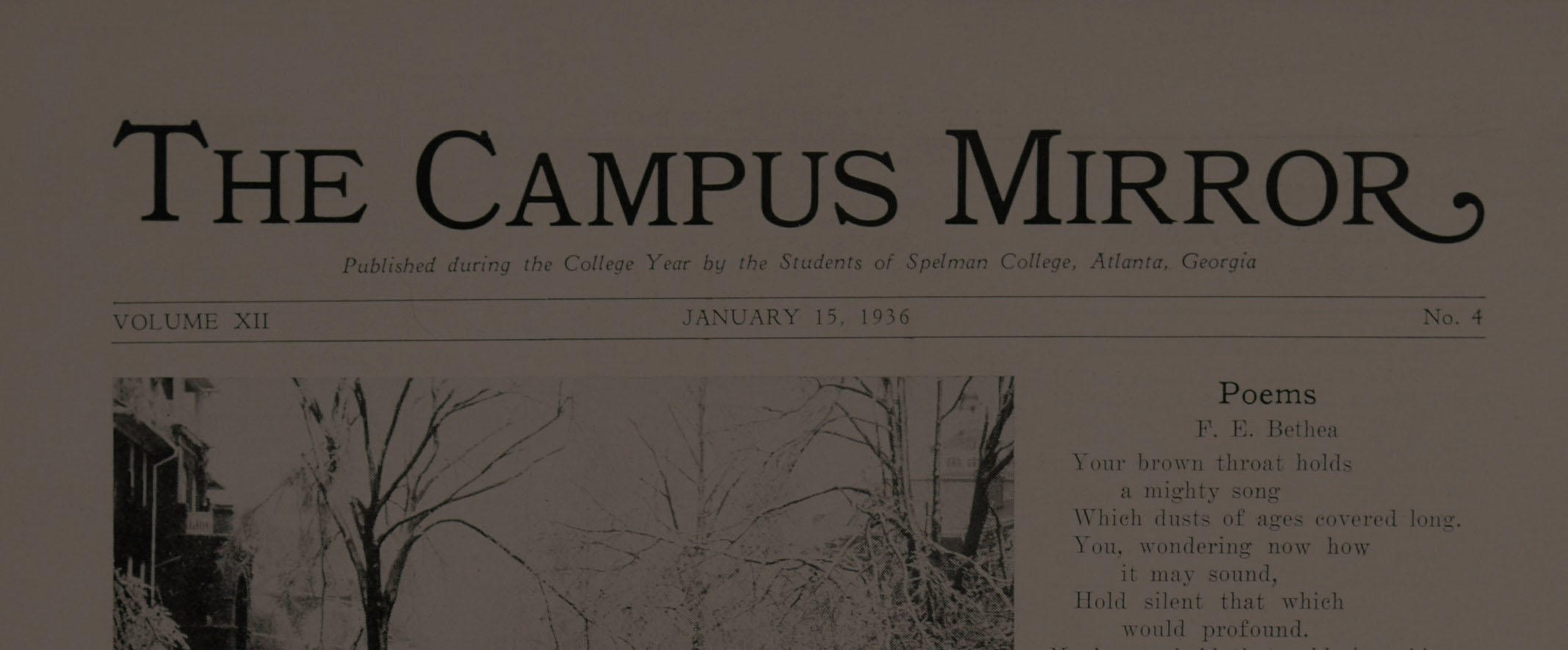 First published in October 1924, The Campus Mirror was a monthly newspaper managed and edited by the students of Spelman College. The paper featured editorials, campus news, events, speeches, local advertisements, and photographs of classes and organizations. In addition to its news coverage, literary works by students and advice for interviews or studying could be found in the Mirror's pages. A special commencement issue was published at the end of each academic year. These issues included photographs and covered the graduating and incoming classes. The newspaper's final issue circulated in May 1950 after 26 years of covering campus life.