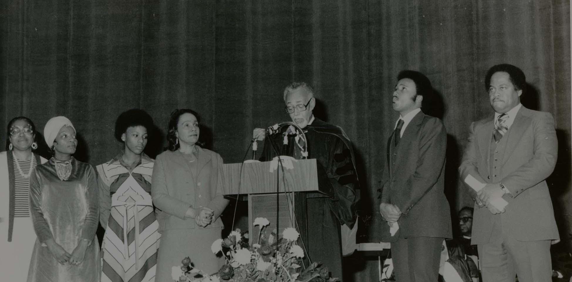 Hugh M. Gloster, President of Morehouse College (1967-1987), was professionally active as administrator, teacher, writer, speaker, USO wartime executive, and American representative in educational and technical programs in foreign countries.This collection consists of photographs that document Dr. Hugh Gloster's time at Morehouse College such as: commencements, Convocation, Founders' Day, banquets, and school events.

At the AUC Robert W. Woodruff Library we are always striving to improve our digital collections. We welcome additional information about people, places, or events depicted in any of the works in this collection. To submit information, please contact us at DSD@auctr.edu. 