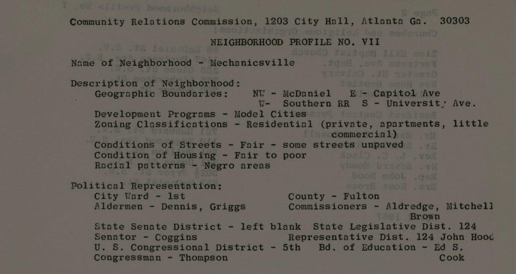 This collection consists of records generated by Eliza Paschall and the Atlanta Community Relations Commission (ACRC) during her year as Executive Director of the ACRC. The bulk of the collection is research materials gathered by Paschall and the ACRC to support their work in the community. The files contain reports and statistics that document such things as employment discrimination, police action in the Dixie Hills Riots, and desegregation efforts in the public schools. Of special interest are the studies which survey the conditions of Atlanta's disadvantaged neighborhoods.

At the AUC Robert W. Woodruff Library we are always striving to improve our digital collections. We welcome additional information for any of the works in this collection. To submit information, please contact us at: DSD@auctr.edu