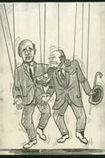 View of two men on marionette strings with money dangling in front of them.