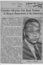 An article written on Josephe A. Borome's announcement as head of Columbia University's library. It also details his academic and professional pursuits since his time at City College. Written on recto: N.Y. Times June 11, 1947
