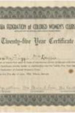 A certificate presented to Elizabeth McDuffie celebrating her 25 years of membership to the Georgia Federation of Colored Women's Clubs.